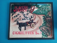 Tableau ancien en bois peint main avec reliefs Carriole "CIGARETTES 5 FOR 1 D"