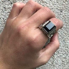 Bague chevalière homme argent massif 925 pas cher pierre noir Zirconium vintage
