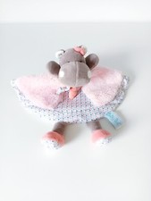 Doudou Plat/Mouchoir Hippopotame Zoé Gris Blanc Bleu Rose Fourrure Noeud Babynat