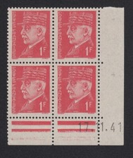 COIN DATÉ 1941 type Pétain Hourriez rouge n°514 Y&T 1f bloc 4 TIMBRES neufs