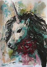 ENARA Art deco toile tableau peinture acrylique signée Licorne et rose