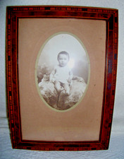 Cadre ancien en bois marqueté+photo+verre18 X 13 Feuil. 16,5 X 11,5 cm
