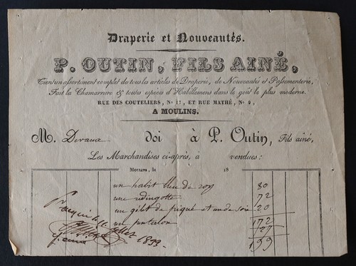 Facture moulins 1833 draperie - 1833,