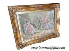 Tapisserie d'époque en cadre baroque doré - scène rococo galante - 77 x 96 x ...