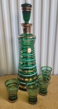 Ancien Service À Liqueur En Cristal De Bohême Vert Et Doré Carafe Verre Vintage