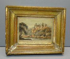 -MINIATURE ENCADREE GRAVURE CASTLE OF CALDWAL SOUS VERRE CADRE BOIS DORE  D