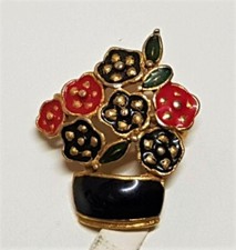 BIJOU ANCIEN BROCHE vase bouquet fleurs métal doré émaillé noir rouge vert # G2
