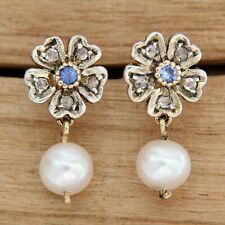 Boucles d'Oreilles en OR 14 k SAPHIR DIAMANT PERLE de Culture Blanches Pendantes