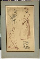Dessin Ancien Fusain Sanguine Étude Portrait Féminin Art Nouveau Fin XIXe