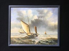 Petit Tableau Peinture Huile LA PÊCHE EN MER AGITÉE SUR VOILIER Encadré