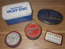 Lot de 5 anciennes boîtes métal pastilles VICHY, ROYAT, PULMOLL, FLORENT & LOTUS
