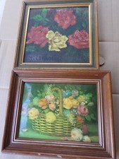  TABLEAU -huile+Plaque émaillée Helca martelé main -Fleurs-cadres-lot