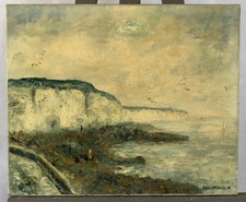 Huile sur toile XXe signée LALLEMAND : vue de la côte Normande Etretat ?