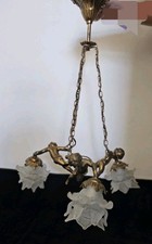 Ancienne  LUSTRE 3  ANGELOTS en BRONZE massif  TULIPES pate de verre 