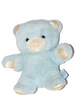 Vintage peluche ours bleu blanc nez rose Absorba Poron Diffusion grelot 20 cm