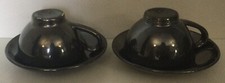 ACCOLAY 2 TASSES & SOUCOUPES CÉRAMIQUE ÉMAILLÉE NOIRE SATINÉE SIGNÉE CL VINTAGE