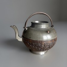 ASIE THEIERE ETAIN NOIX DE COCO SCULPTÉE CHINE CHINESE  TEAPOT 1900