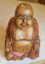 BOUDDHA RIEUR 35 cm- bois sculpté polychrome-générosité- fortune- Asie-Indonésie