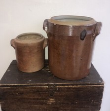 2 FRENCH VINTAGE TERRACOTTA CONFIT POT Crock pair brown Canister Stonewareconfit