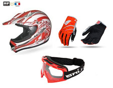 Pack Casque Masque Lunette et gants Cross Rouge/Blanc Taille: L (61-62)