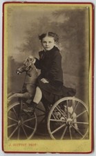 CDV 1880-90 J. Guittet au Mans. Garçon sur un tricycle en forme de cheval. Jouet