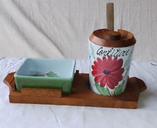 Serviteur A Confiture ( Pot/ Ravier/Cuillère Bois) Motif Floraux Faïence/Bois