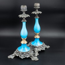 Antique Pair French Blue Opaline Glass Bronze Candle Holders Candlesticks