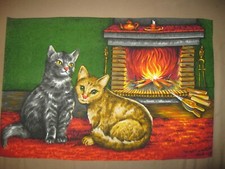 NEUF Vintage 70s Ancien TORCHON IMPRIME CHATS et CHEMINEE Feu de Bois Chatons
