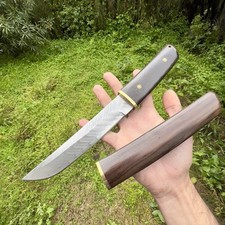 Couteau Lame Fixe Acier Damas Bois D’ébène Style Japonais Collection Custom #289