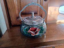 SEAU/POT A BISCUITS EN VERRE BLEUTE A DECOR D'UNE ROSE PEINTE ET METAL ARGENTE
