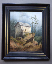 Tableau ancien romantique d'une chapelle dans une forêt , début du XIXème siècle