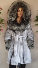 REAL NEW MINK FUR COAT JACKET BLACK WHITE HOOD FOX ,SABLE CHINCHILLA