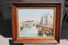 Tableau Huile sur Toile Signée René Huchet Marine Port Bateaux Le Croisic