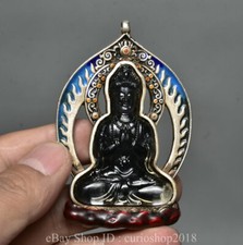 3.2" China Silver Tourmaline Indicolite Carved Kwan-Yin Guan Yin Goddess Pendant