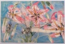 Ecole du XXe siècle. Dans les lis, 1983. Technique mixte sur papier signée