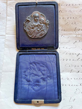 Antique  French Art Nouveau Virgin and Christ Child Display Medal in case  c1905