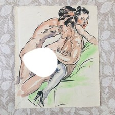 Aquarelle ancienne curiosa vers 1920 dessin original scène d’expression libre