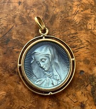Gold 18K Guilloche Sterling Silver Enamel Virgin Mary Medal