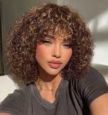 Perruque Naturelle Femme Bouclée Wig Humains Coupe Brune Courte 30cm +4 Bonnets