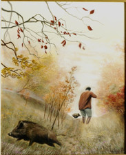 Tableau 1997 Chasse aux sangliers Richard Gauthier