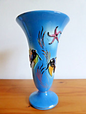 Grand vase signé MONACO VF1 évasé bleu décor mer  (H 29 cm/diam 17,5) TBE
