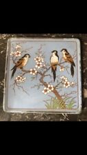 Ancien dessous de plat en émaux de Longwy décor oiseaux et fleurs 20 cm