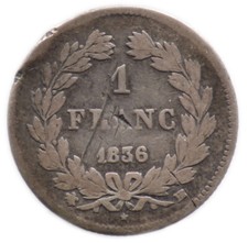 1 FRANC 1836 BB FRANCE - Strasbourg - Louis Philippe - argent / silver