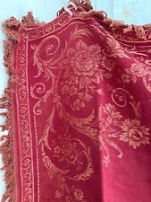 Antique French PROVENCAL FLORAL DAMASK RED GOLD cotton tablecloth fringes c1880
