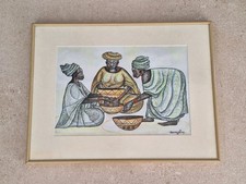 peinture ancienne Scène Personnage Femme Ménagère Africaine Tableau Encadré 