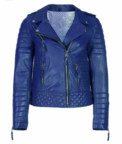 Blouson motard bleu cuir - motard, en