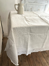 Art Deco French LONG EMBROIDERED LINEN FIL TABLECLOTH Chantilly lace c1930