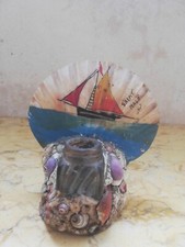ENCRIER ANCIEN SOUVENIR VACANCES COQUILLE COQUILLAGE PEINTURE VOILIER. 