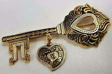 BIJOU VINTAGE BROCHE OR DE TOLEDE CLES CLEF COEUR VINTAGE KEY HEART # A7