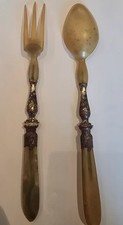 Service ancien cuillère et fourchette de présentation - Manche effet corne